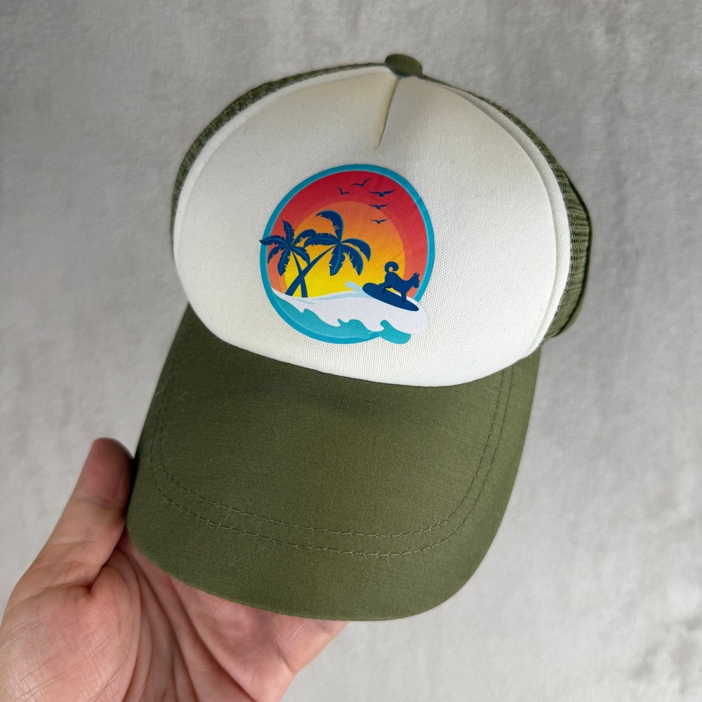 PupLid Dog Trucker Hat Large Olive Green Tropical Surfing Graphic Adjustable